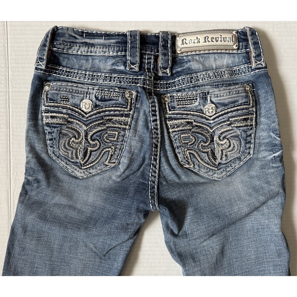 ROCK REVIVAL FERRY - Women's Distressed Mid Rise Straight Denim Jeans - 25x31